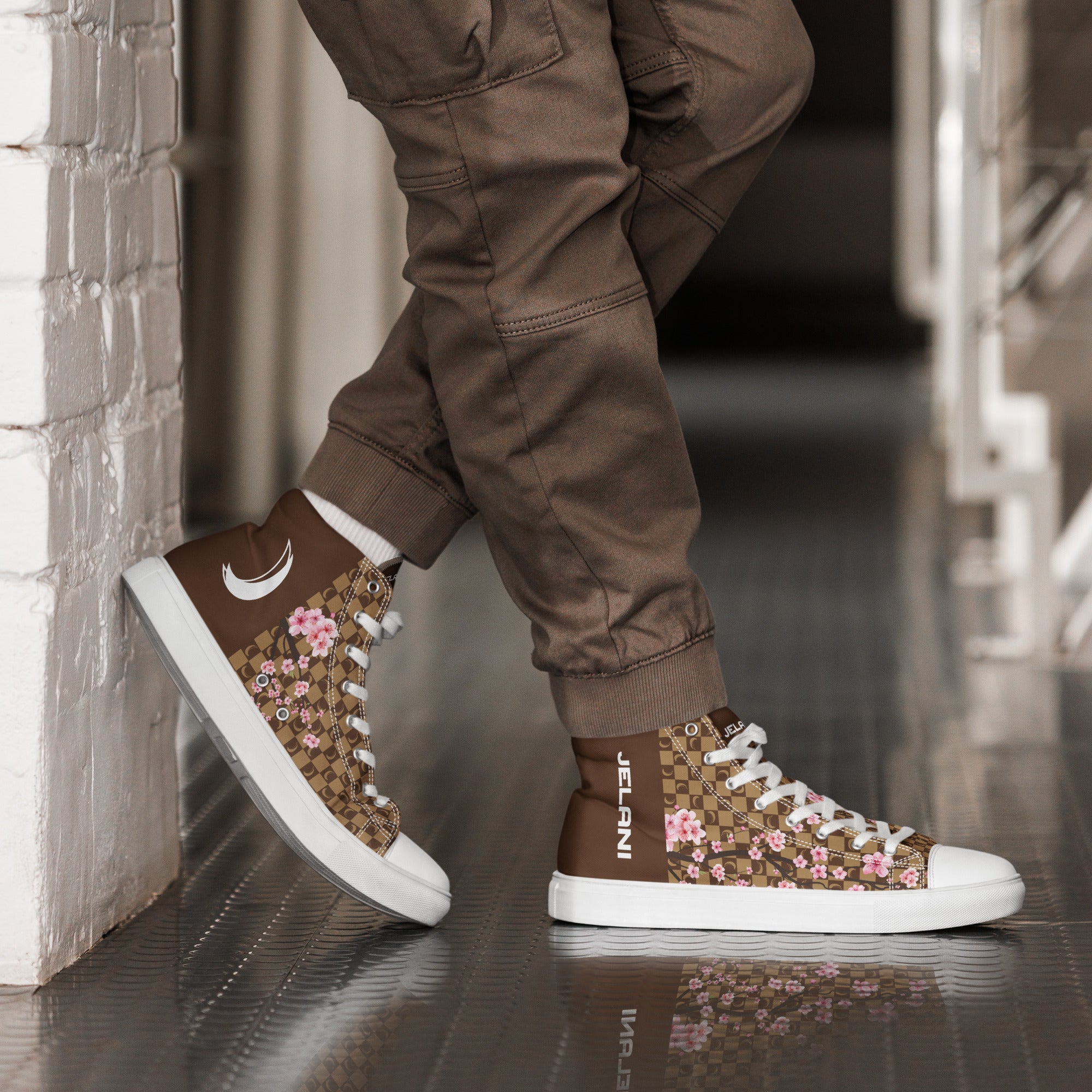 J-MOON Signature Chess Men’s High Top Canvas - Chocolate Cherry Blossom